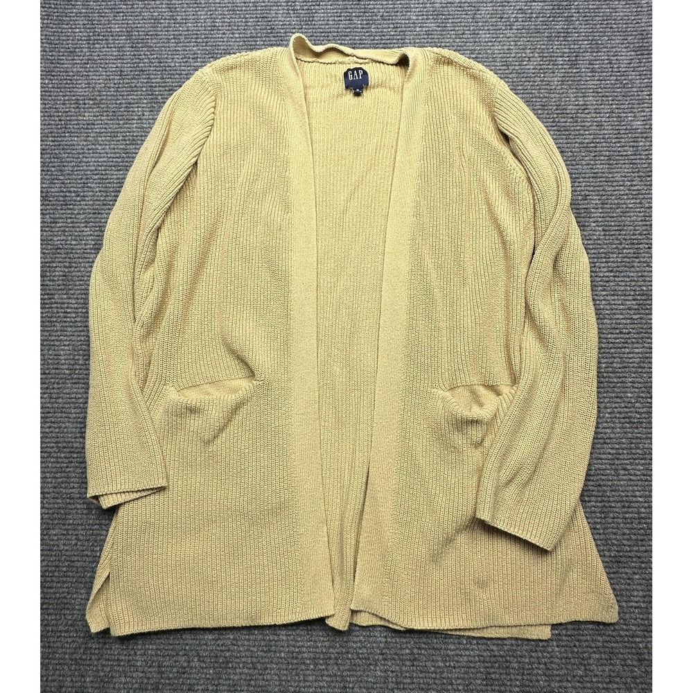 Gap Cardigan Sweater Womens XL Beige Open Front Longline Knit Pockets Cozy